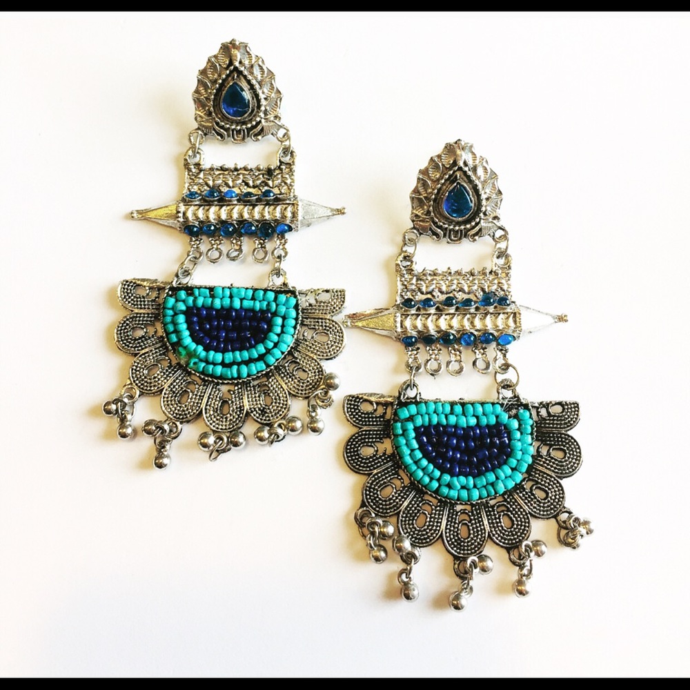 Blue color long oxidized earrings for women